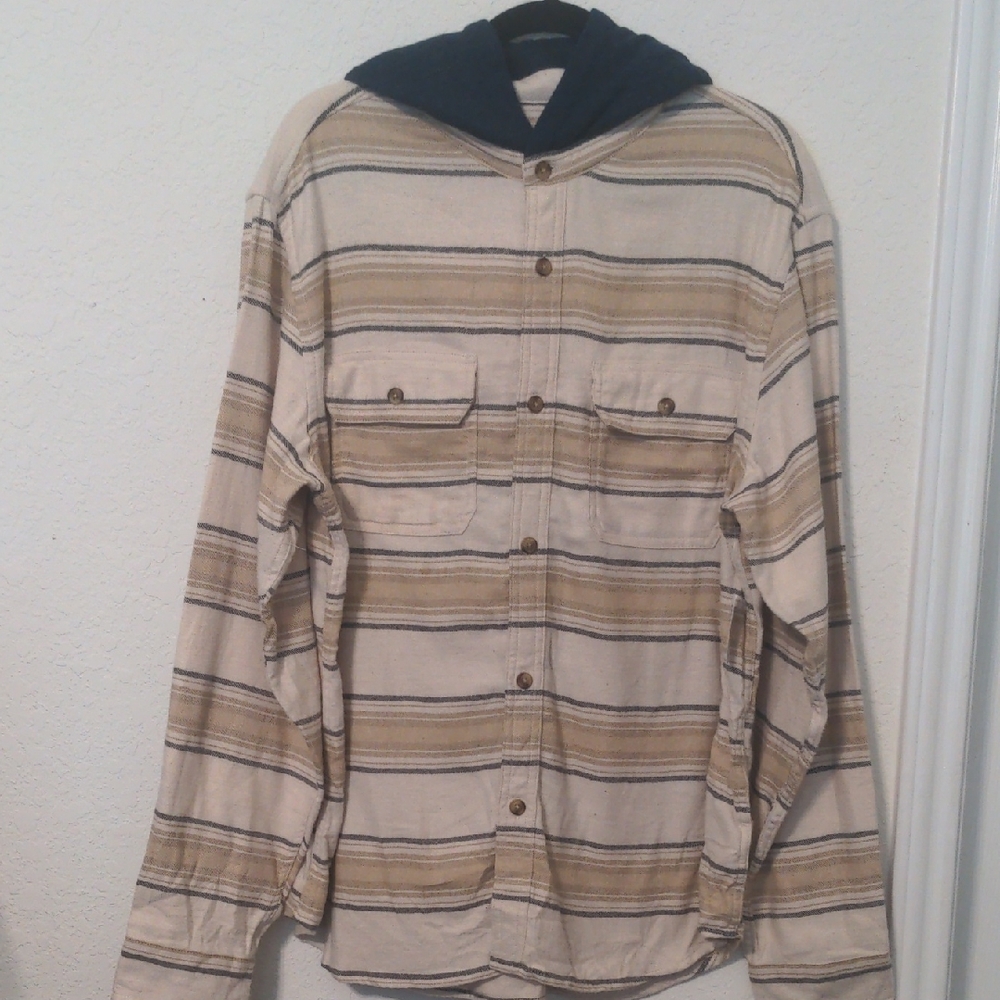 Old Navy Mens Tan & Blue Flannel Hooded Button Down Shirt. Size XL NWT